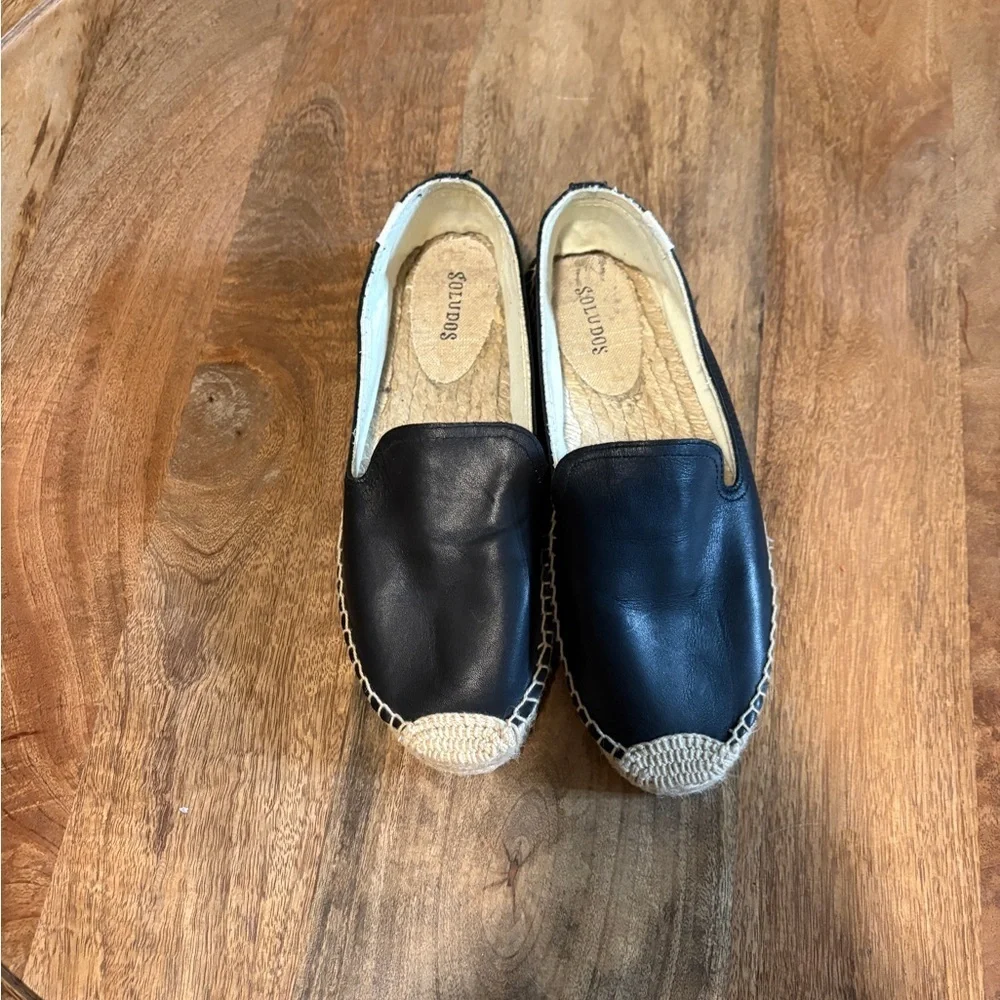 Soludos Womens Platform Smoking Slipper Espadrilles Flats Leather Black Size 8